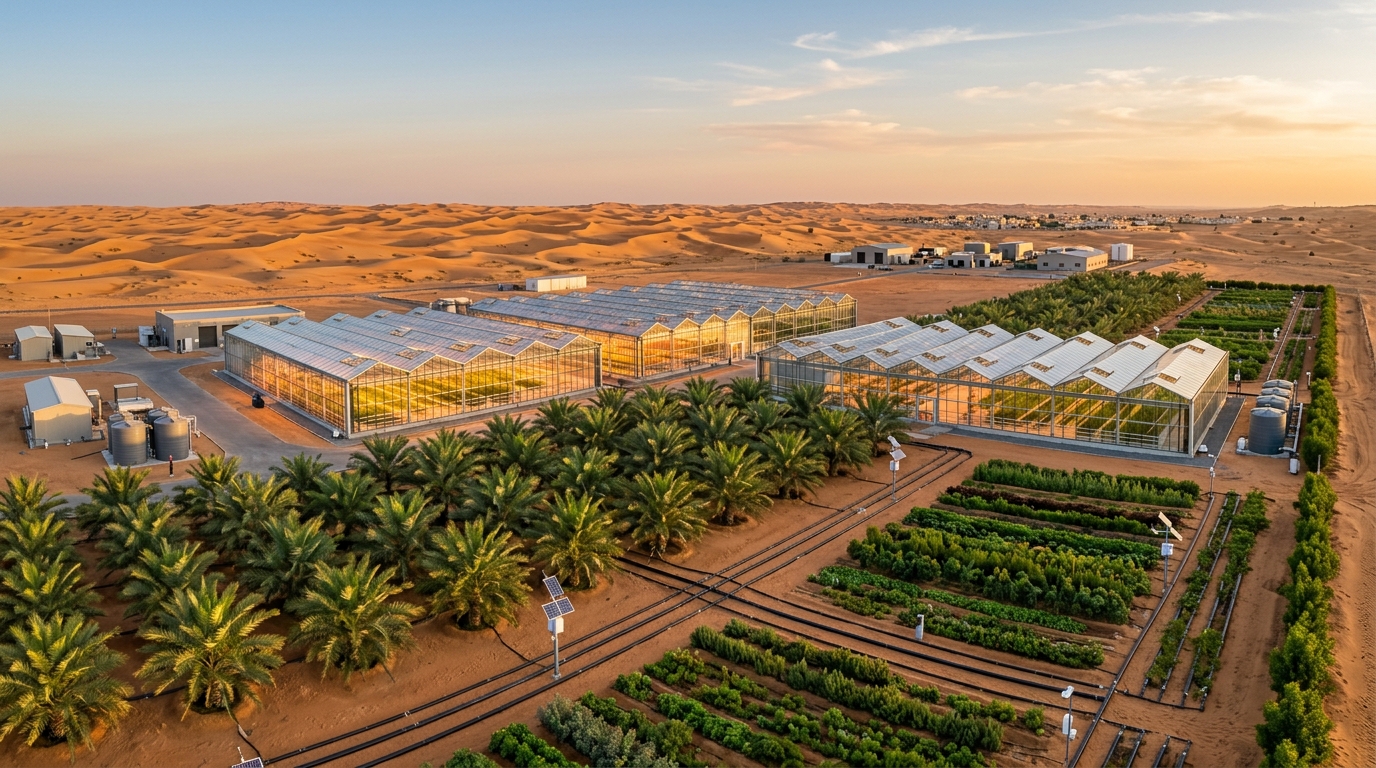 Illustrative UAE agriculture landscape with greenhouses, palms and cultivated fields